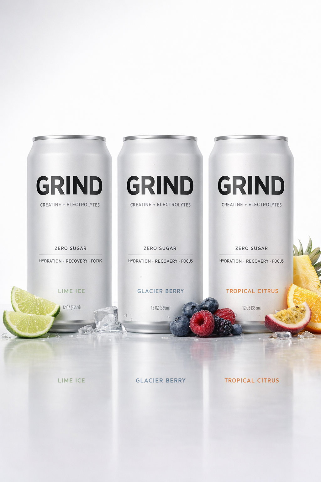 GRIND Sparkling Creatine Water — Lime Ice, Glacier Berry, Tropical Citrus